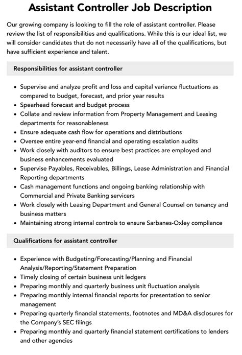 Assistant Controller Job Description Velvet Jobs Assistant Controller Job Description Velvet Jobs