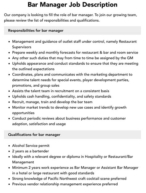 Bar Manager Job Description