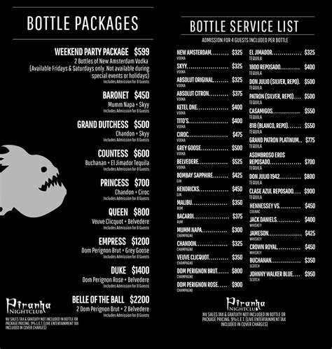 Bottle Service Menu Piranha Nightclub Bottle Service Menu Piranha Nightclub