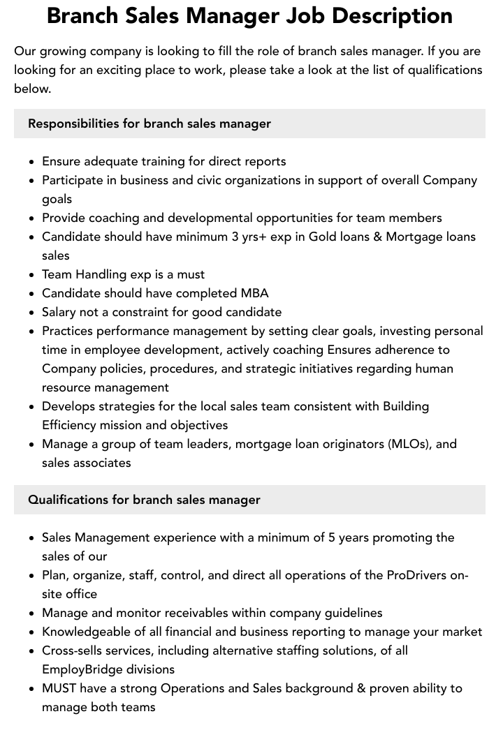 Branch Sales Manager Job Description Velvet Jobs Branch Sales Manager Job Description Velvet Jobs