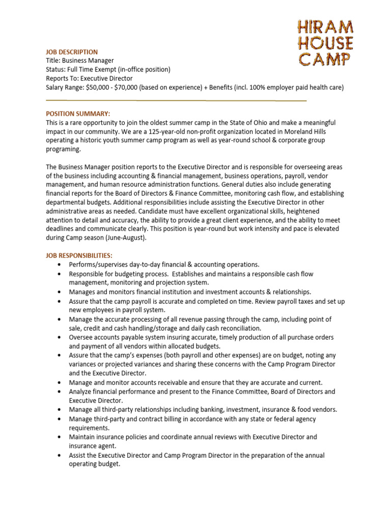 Business Manager Job Description