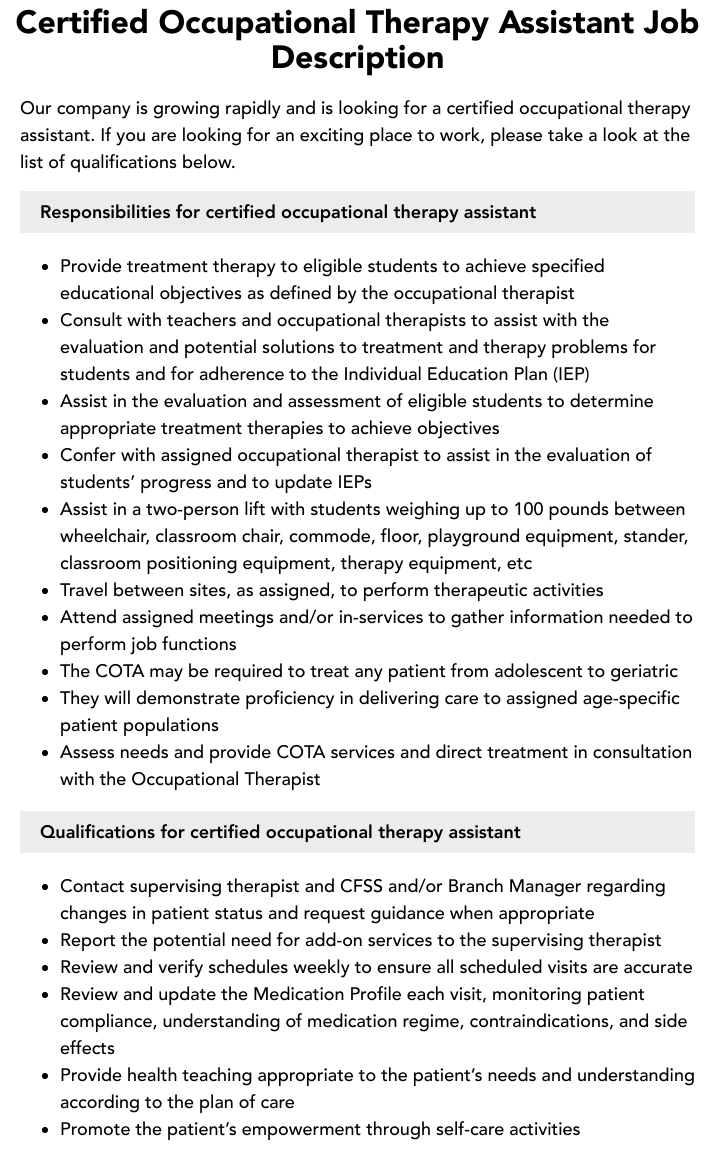 Certified Occupational Therapy Assistant Jobs Near Me