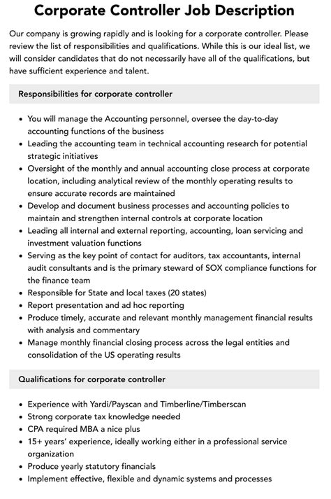 Company Controller Job Description Company Controller Job Description