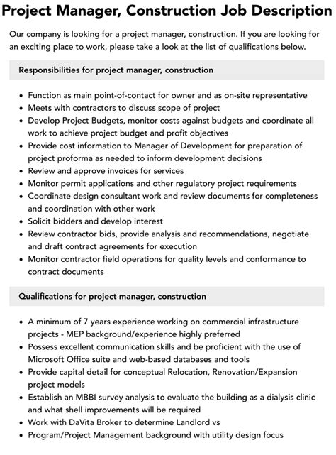 Construction Project Manager Job Description