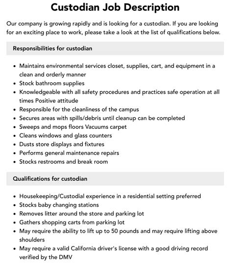 Custodian Job Description Custodian Job Description