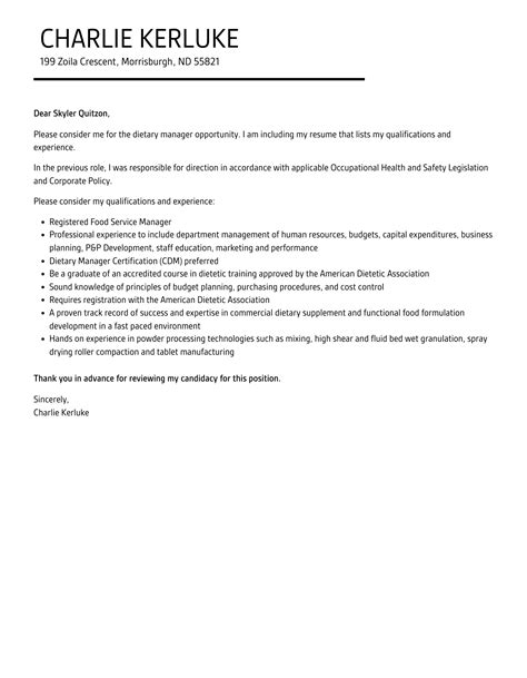 Dietary Manager Cover Letter Velvet Jobs