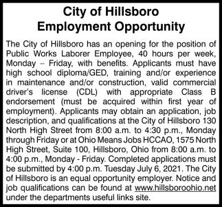 Employment Opportunity City Of Hillsboro Hillsboro Oh Employment Opportunity City Of Hillsboro Hillsboro Oh
