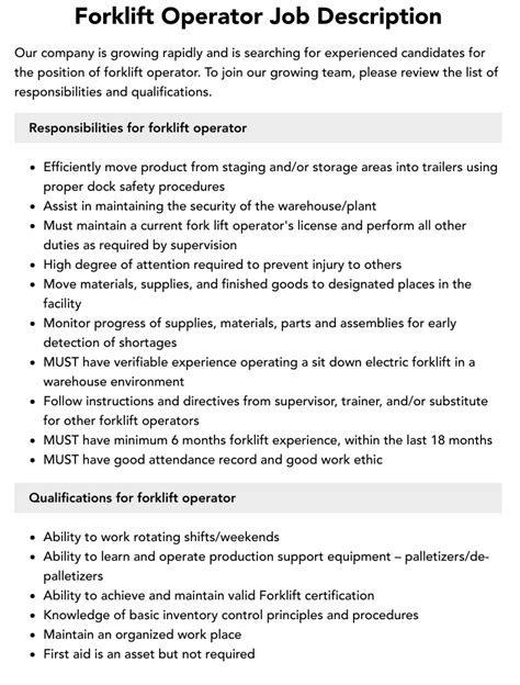 Forklift Driver Job Description