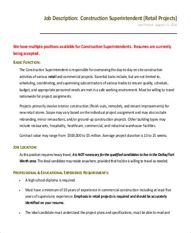 Free 11 Construction Superintendent Job Description Samples In Pdf Free 11 Construction Superintendent Job Description Samples In Pdf