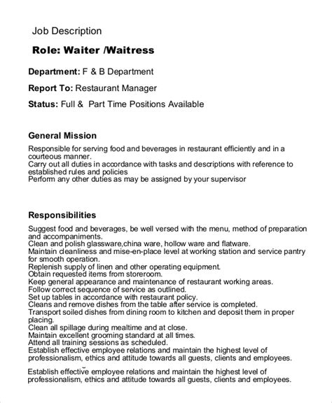Free 9 Sample Waitress Job Descriptions In Pdf Free 9 Sample Waitress Job Descriptions In Pdf