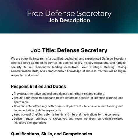 Free Defense Secretary Job Description Template To Edit Online