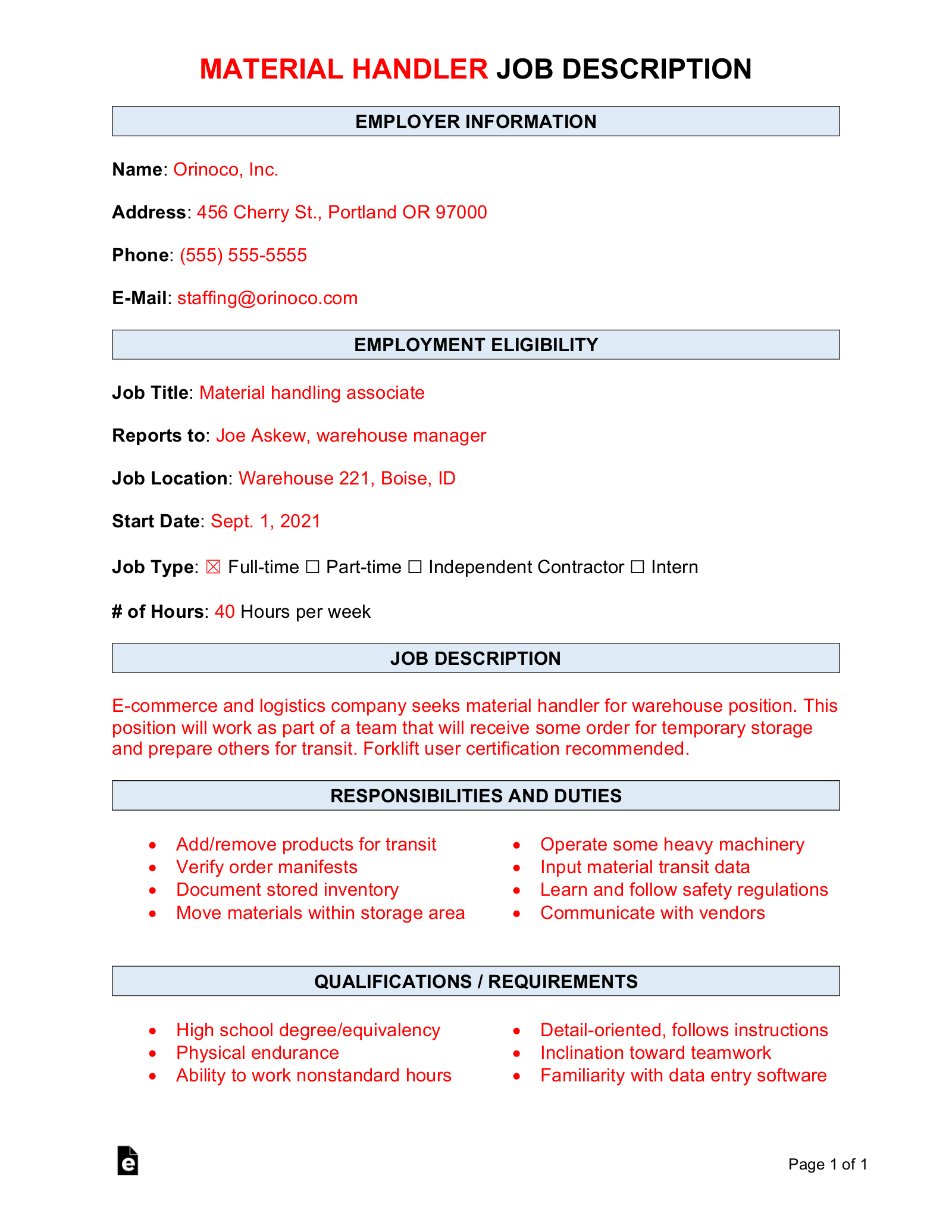 Free Material Handler Job Description Template Sample Word Pdf Free Material Handler Job Description Template Sample Word Pdf