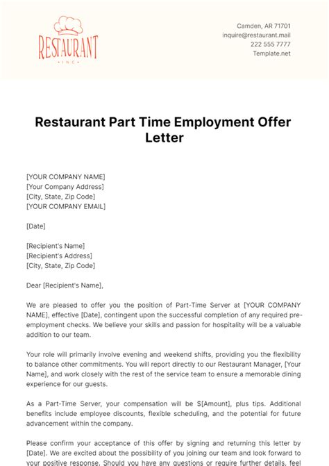 Free Restaurant Part Time Employment Offer Letter Template To Edit Online