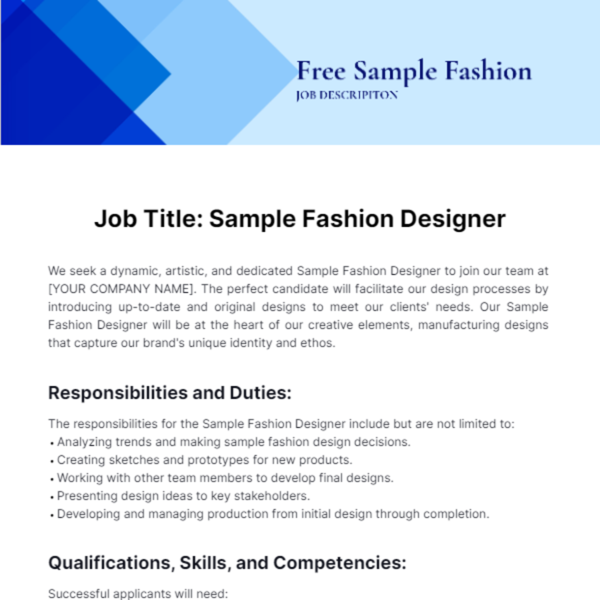 Free Sample Fashion Job Description Template To Edit Online Free Sample Fashion Job Description Template To Edit Online