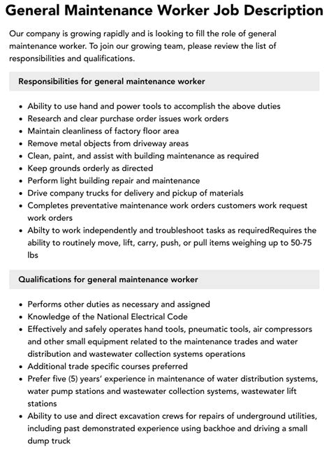 General Maintenance Worker Job Description Velvet Jobs General Maintenance Worker Job Description Velvet Jobs