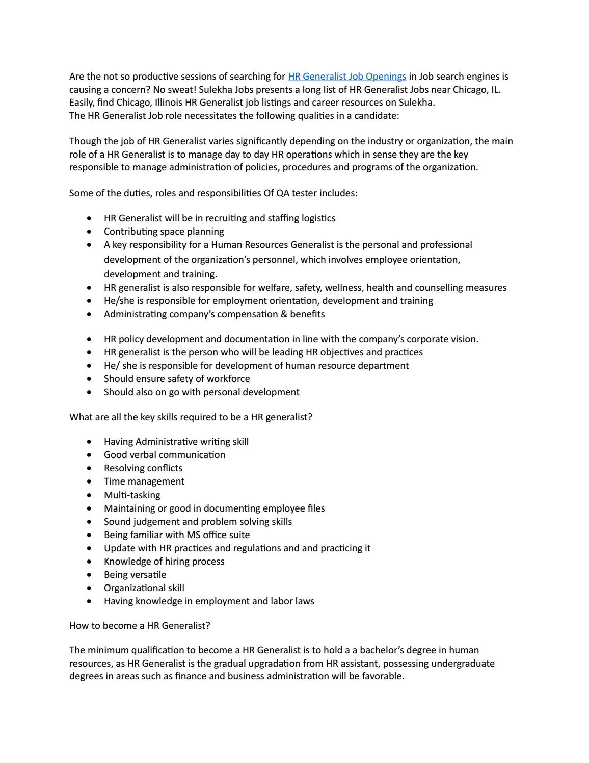 Hr Generalist Jobs In Chicago Employment Outlook By Cathy Higgins Issuu Hr Generalist Jobs In Chicago Employment Outlook By Cathy Higgins Issuu