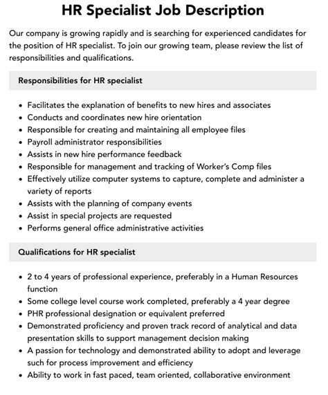 Hr Specialist Job Description