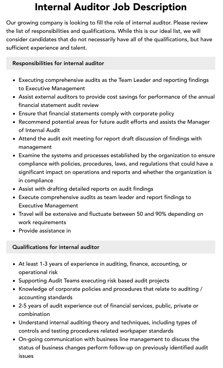 Internal Auditor Job Description Velvet Jobs Internal Auditor Job Description Velvet Jobs