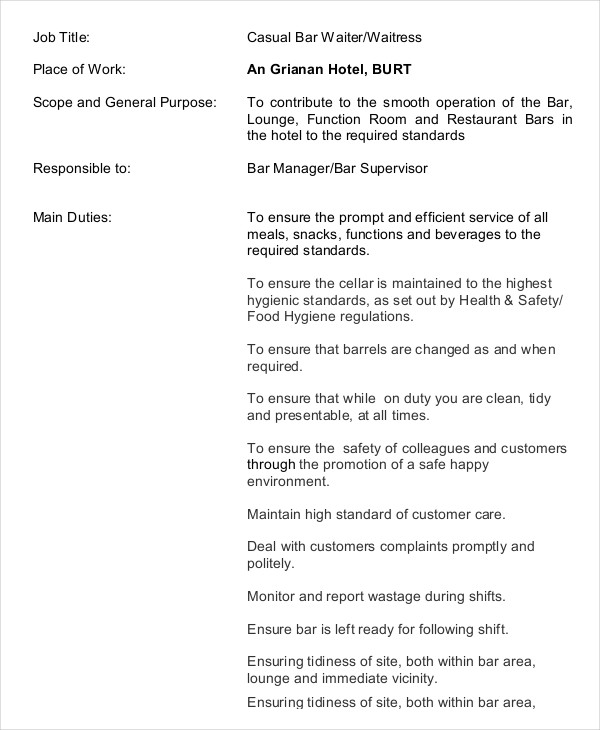 Job And Responsibilities Of Waiter