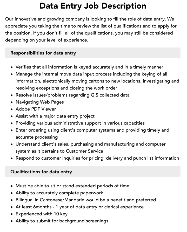 Job Data Entry Job