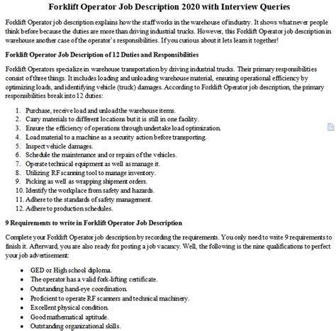 Job Description For Forklift Operator At Humberto Salvatore Blog