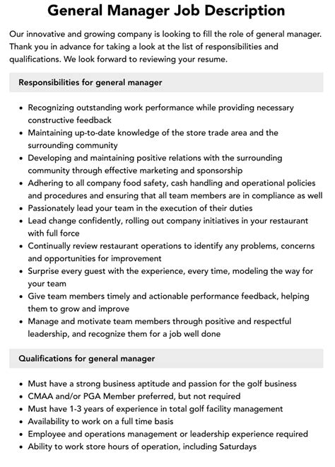 Job Description For General Managers