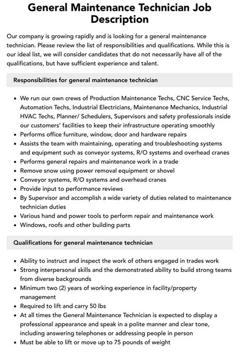 Maintenance Technician Job Requirements