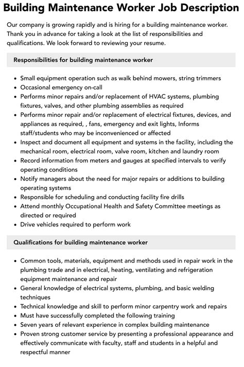 Maintenance Worker Job Responsibilities Job Responsibilities Maintenance Worker Job Responsibilities Job Responsibilities