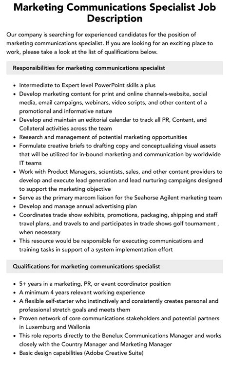 Marketing Communications Specialist Job Description Velvet Jobs Marketing Communications Specialist Job Description Velvet Jobs