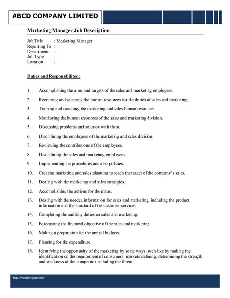 Marketing Manager Job Description Template Free Microsoft Word Templates Marketing Manager Job Description Template Free Microsoft Word Templates
