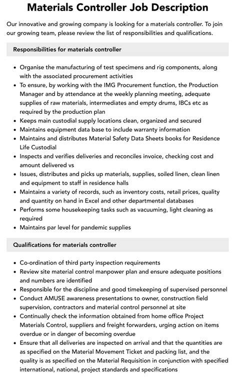 Materials Controller Job Description Velvet Jobs Materials Controller Job Description Velvet Jobs