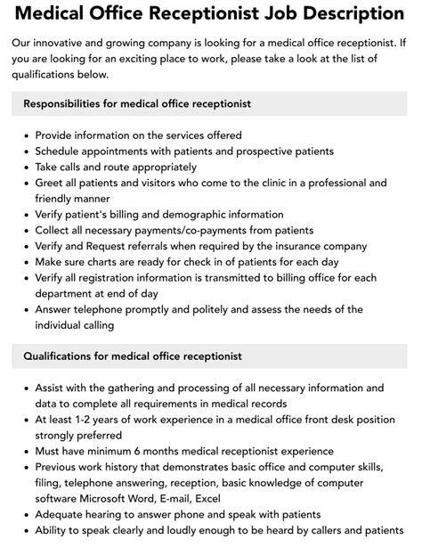 Medical Office Receptionist Job Description Velvet Jobs Medical Office Receptionist Job Description Velvet Jobs