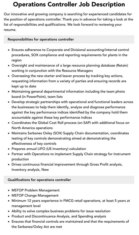 Operations Controller Job Description Velvet Jobs Operations Controller Job Description Velvet Jobs