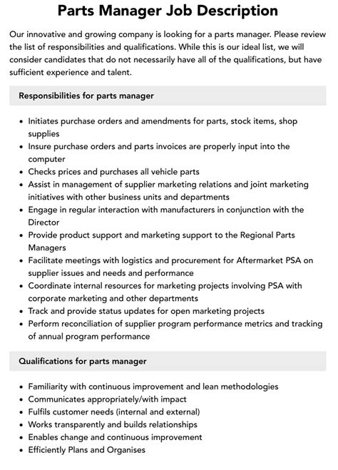Parts Manager Job Description Velvet Jobs Parts Manager Job Description Velvet Jobs