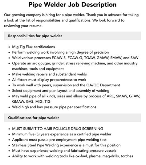 Pipe Welder Job Description Examples Inspiration Pipe Welder Job Description Examples Inspiration