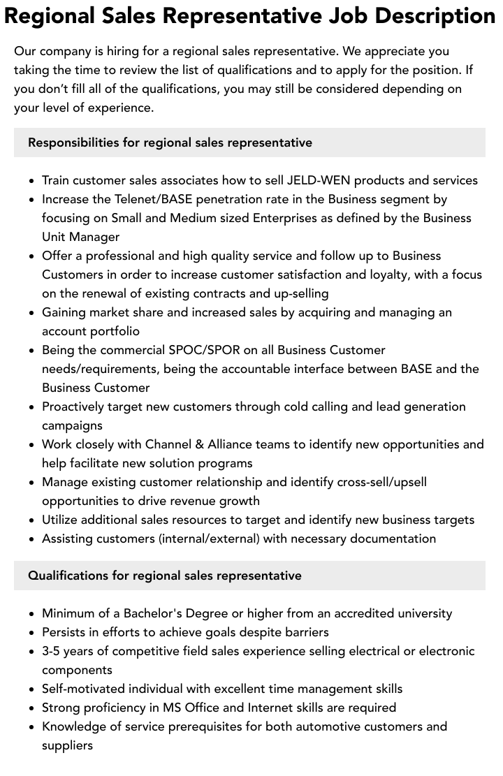 Regional Sales Representative Job Description Velvet Jobs Regional Sales Representative Job Description Velvet Jobs