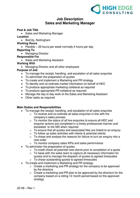 Sales Marketing Manager Job Description Have A Look At This Marketing Sales Marketing Manager Job Description Have A Look At This Marketing