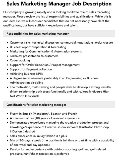 Sales Marketing Manager Job Description Velvet Jobs Sales Marketing Manager Job Description Velvet Jobs