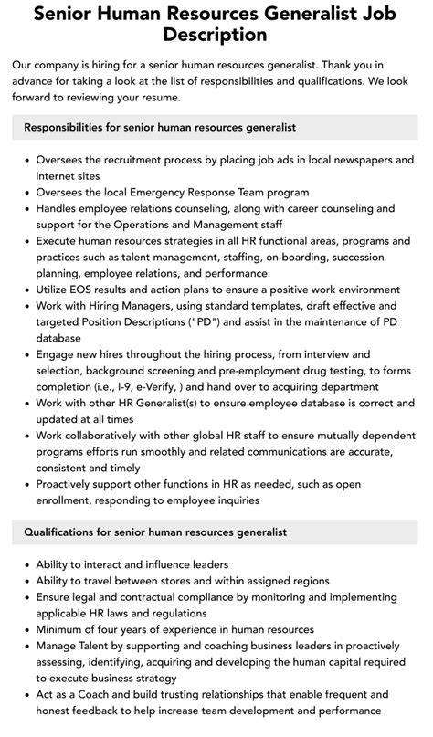 Senior Human Resources Generalist Job Description Velvet Jobs Senior Human Resources Generalist Job Description Velvet Jobs