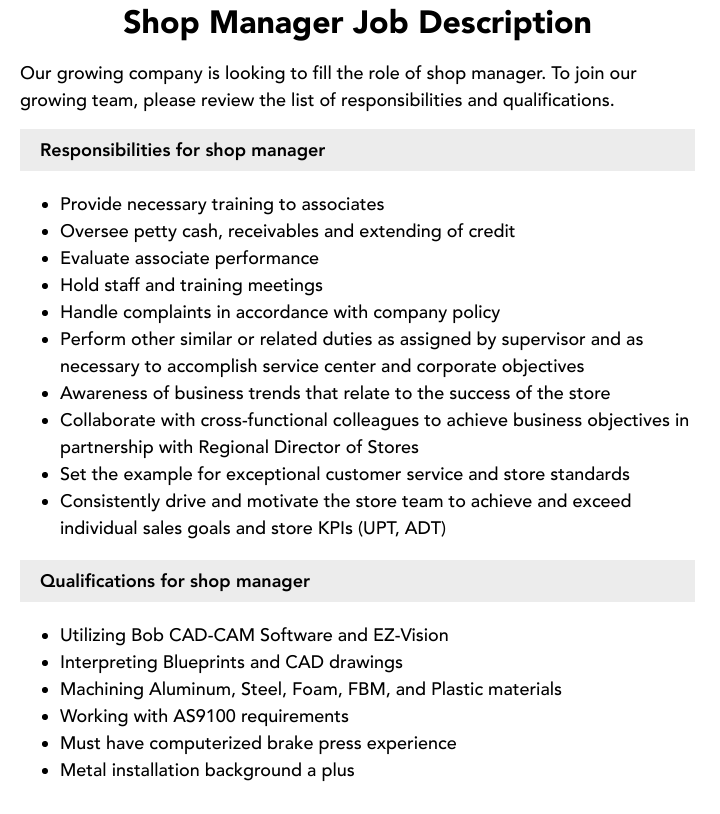 Shop Manager Job Description Velvet Jobs Shop Manager Job Description Velvet Jobs