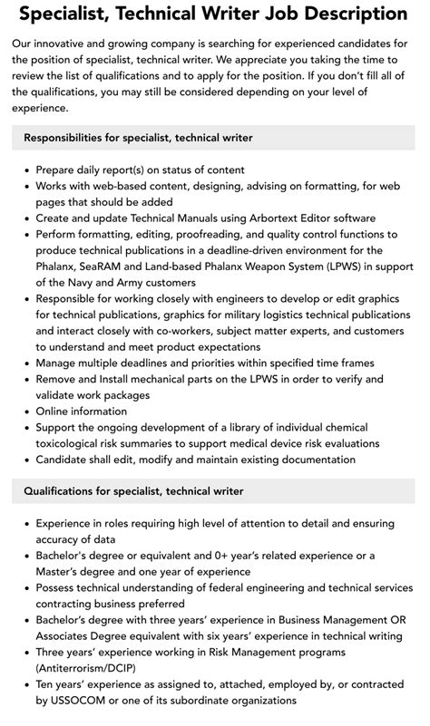 Specialist Technical Writer Job Description Velvet Jobs Specialist Technical Writer Job Description Velvet Jobs
