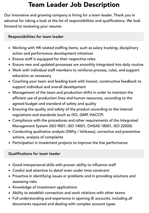 Team Leader Job Description