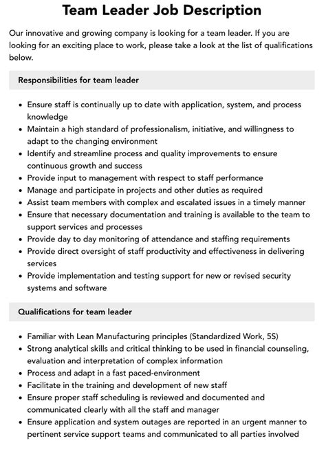 Team Leader Job Responsibilities