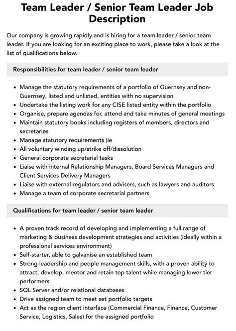 Team Leader Senior Team Leader Job Description Velvet Jobs Team Leader Senior Team Leader Job Description Velvet Jobs