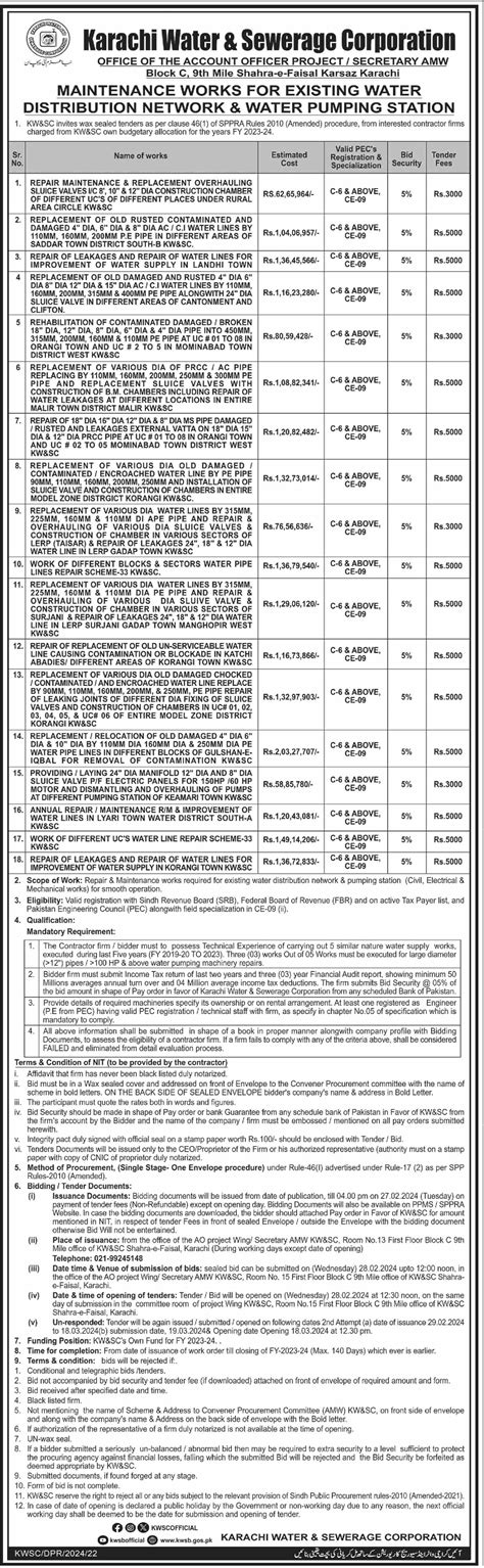 Tender For Repair And Maintenance Works At Karachi Water Sewerage Tender For Repair And Maintenance Works At Karachi Water Sewerage