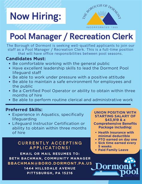 The Borough Of Dormont Is Hiring For Pool Manager Recreation Clerk