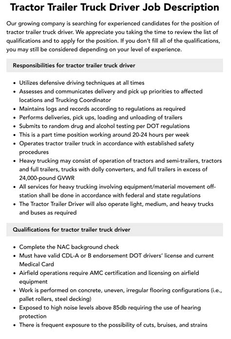 Tractor Trailer Truck Driver Job Description Velvet Jobs Tractor Trailer Truck Driver Job Description Velvet Jobs