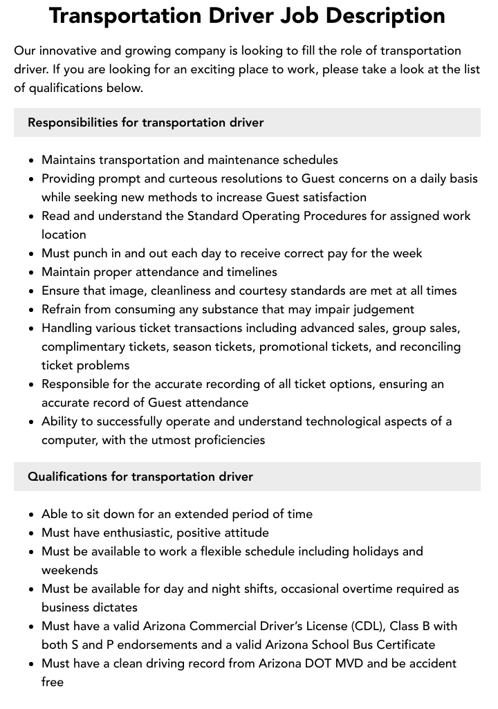Transportation Driver Job Description Velvet Jobs Transportation Driver Job Description Velvet Jobs
