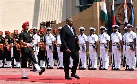 Us Secretary Of Defence Lloyd Austin Inspects A Tri Services Guard Of
