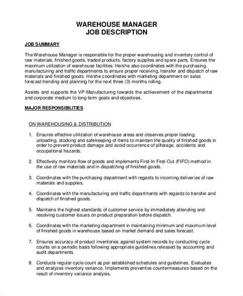 Warehouse Duties Job Description